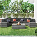 8 Piece Half Moon Sectional Patio Furniture Set with Washable Cushions and Glass Coffee Table F6626