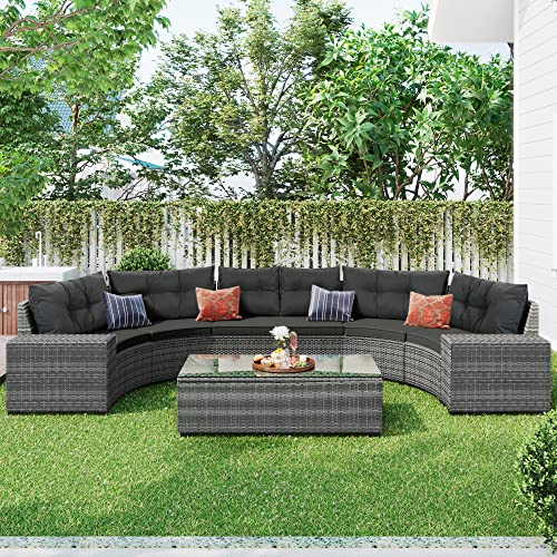 8 Piece Half Moon Sectional Patio Furniture Set with Washable Cushions and Glass Coffee Table F6626