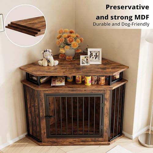 Rustic Brown Corner Wooden Dog Crate with 2-Tier Shelves O561