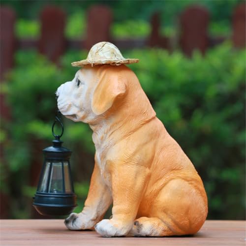 Resin Dog Statues with Straw Hat and Solar Led Lantern P543187