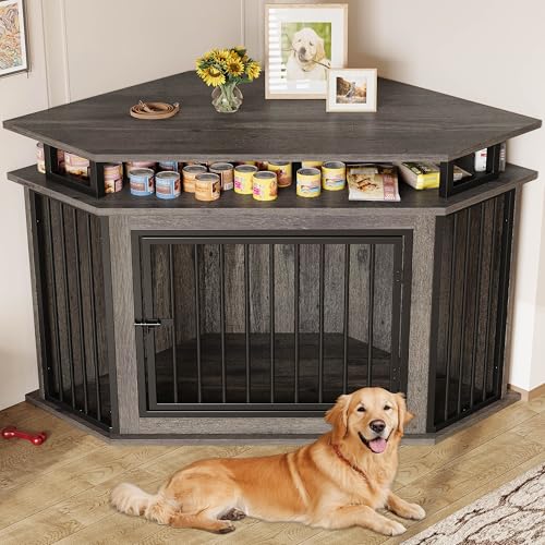 Rustic Brown Corner Wooden Dog Crate with 2-Tier Shelves O561