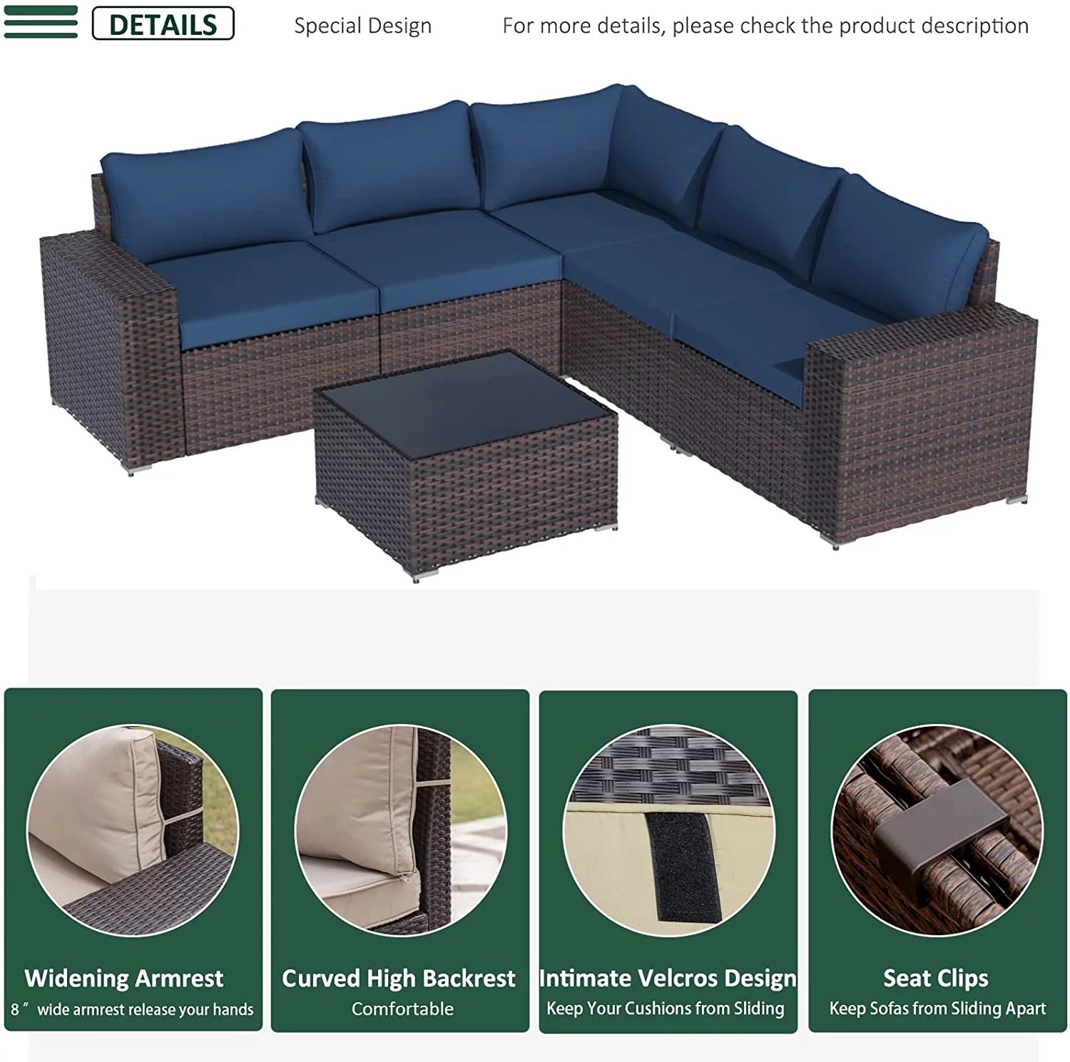 6 Pieces PE Wicker Outdoor Patio Sectional Sofa Set S11773