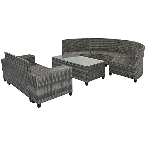 8 Piece Half Moon Sectional Patio Furniture Set with Washable Cushions and Glass Coffee Table F6626