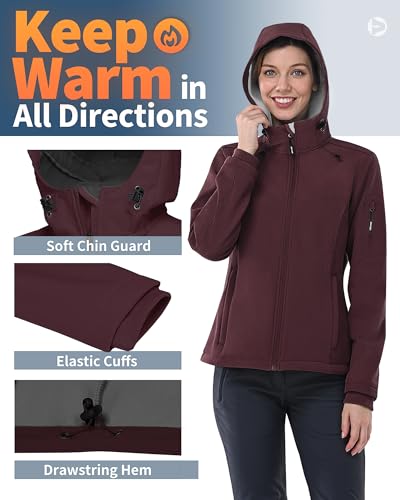 Women's Softshell Jacket with Hood Fleece Lined Waterproof Insulated Windbreaker U2069