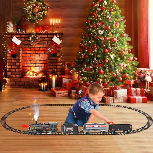 Metal Alloy Electric Train Set with Steam Locomotive, Cargo Cars & Tracks W130054