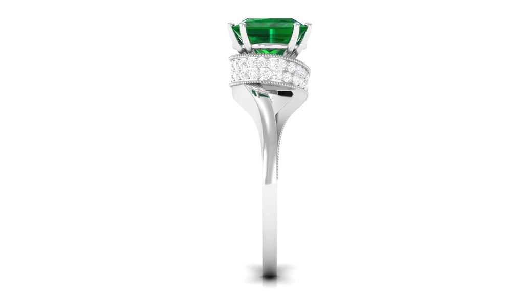 Lab Grown Emerald Solitaire Ring with Diamond, Princess Cut, 8 mm, 925 Sterling Silver, US 10.00 O603029