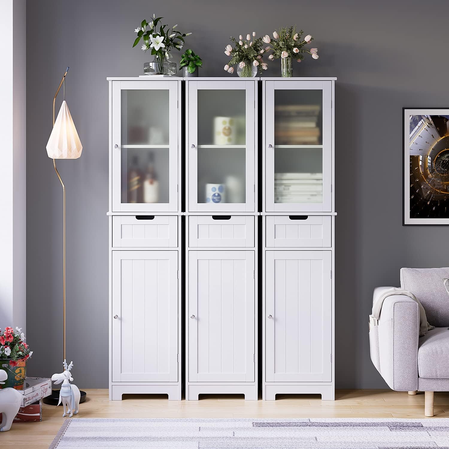 White Tall Freestanding Bathroom Storage Cabinet with Door and Drawer and Adjustable Shelves P71909