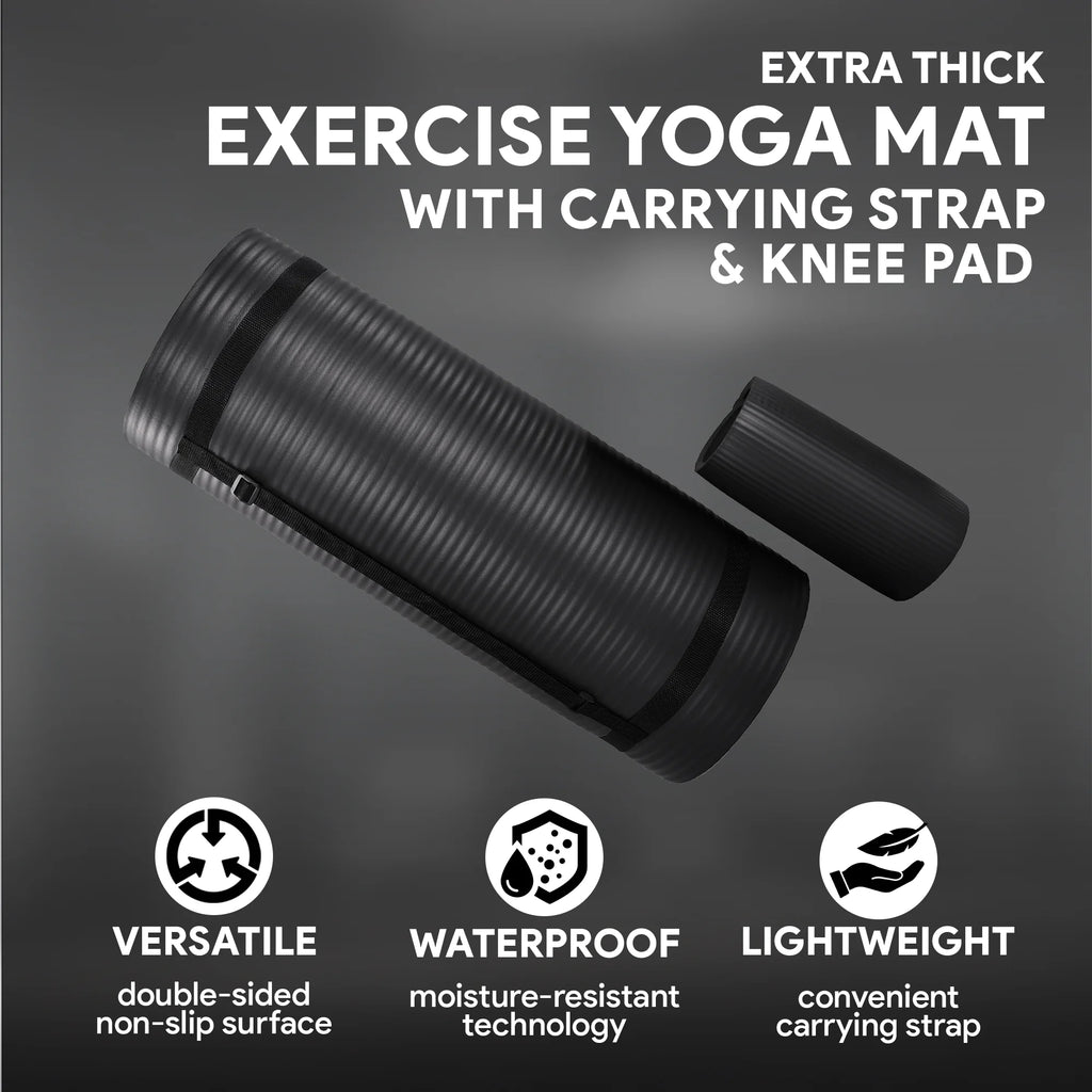 Black Extra Thick Yoga Mat with Carry Strap K46603