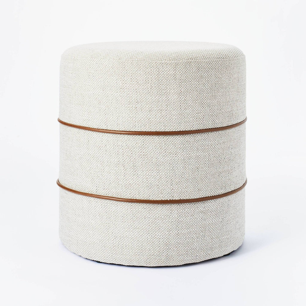 Cream Round Ottoman with Leather Piping Q384183