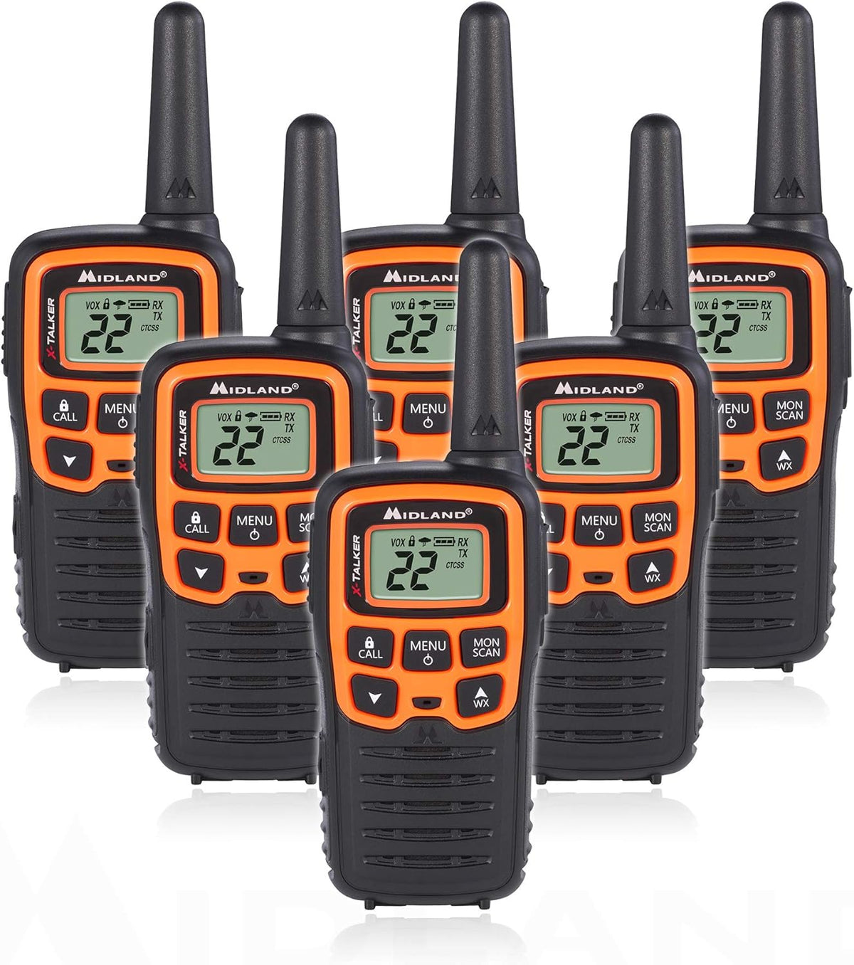 22 Channel FRS Walkie Talkie Two-Way Radio Orange/Black Pack of 6 B99683