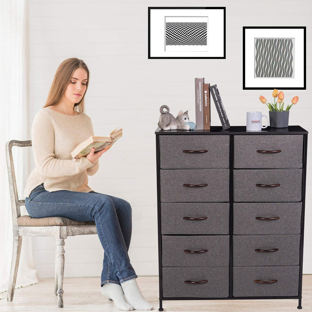 10 Drawer Vertical Dresser with Steel Frame and Fabric Bins K3383