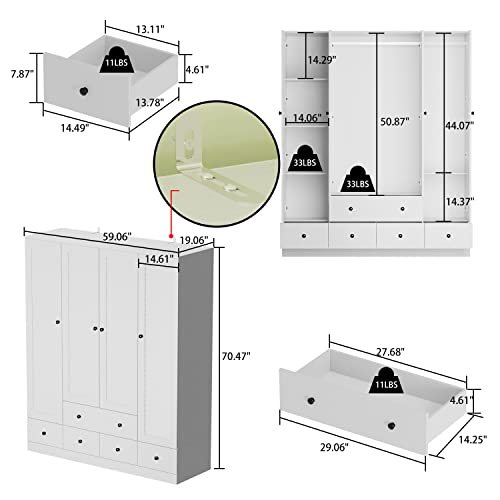 White 5 Drawer Wardrobe with Shelves and Hanging Rod G9085
