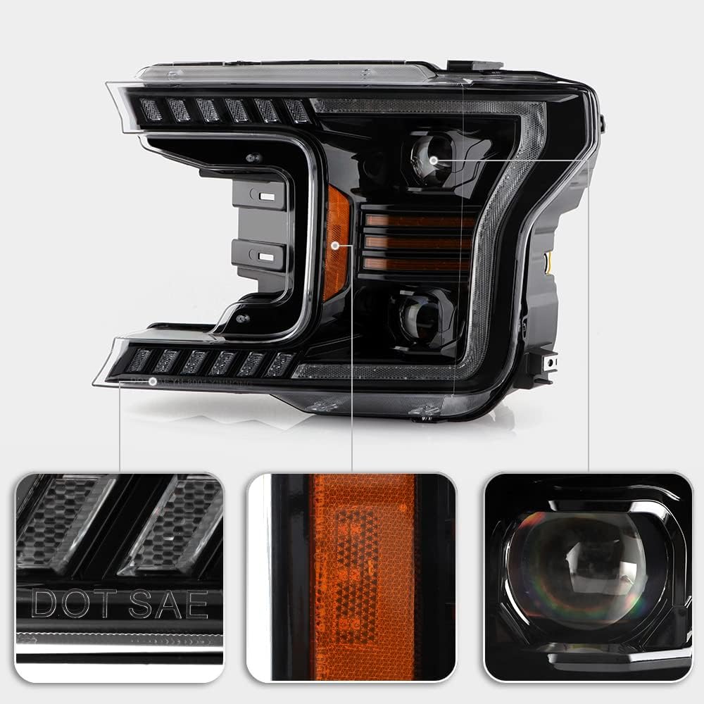 Black LED Tube Projector Headlights Set Left+Right H419