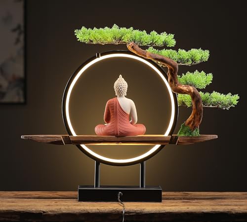 White Ceramic Buddha Statue with Green Artificial Tree and LED Circle Table Lamp, 16.5 in Q601821