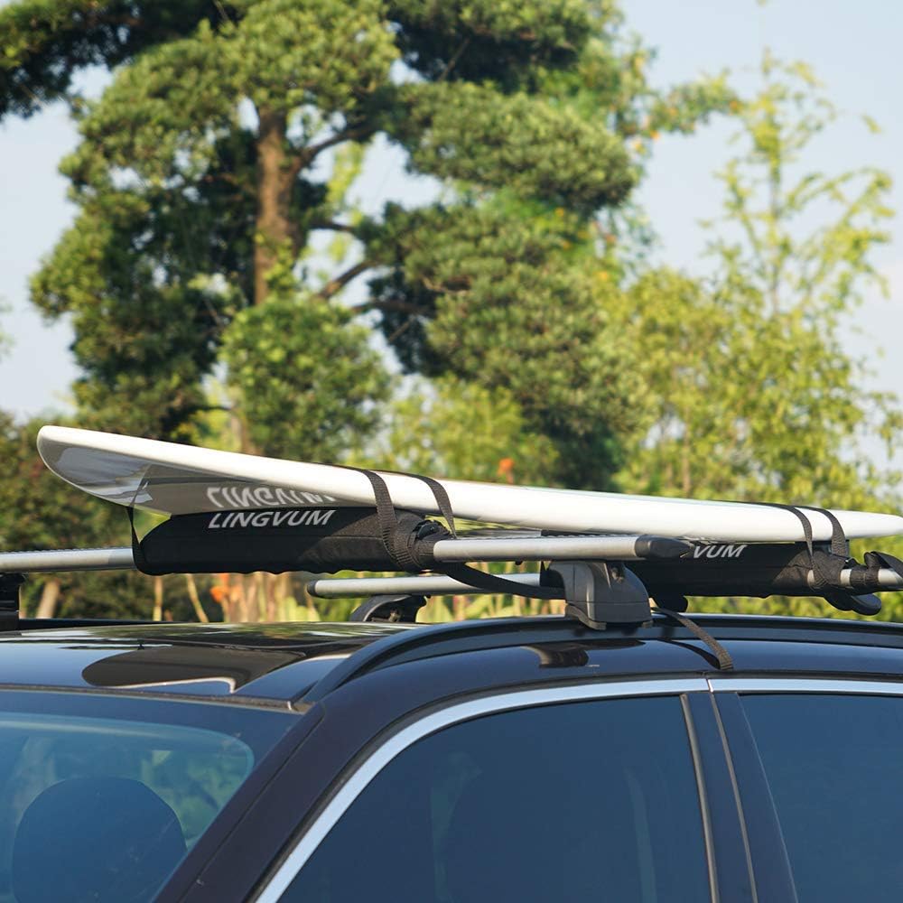 Soft Roof Rack Pads with Two 15 Ft Straps - 28” Car Carrier Racks for Kayak, Surfboard, SUP Paddleboard, Snowboard, Black Pack of 2 B33517