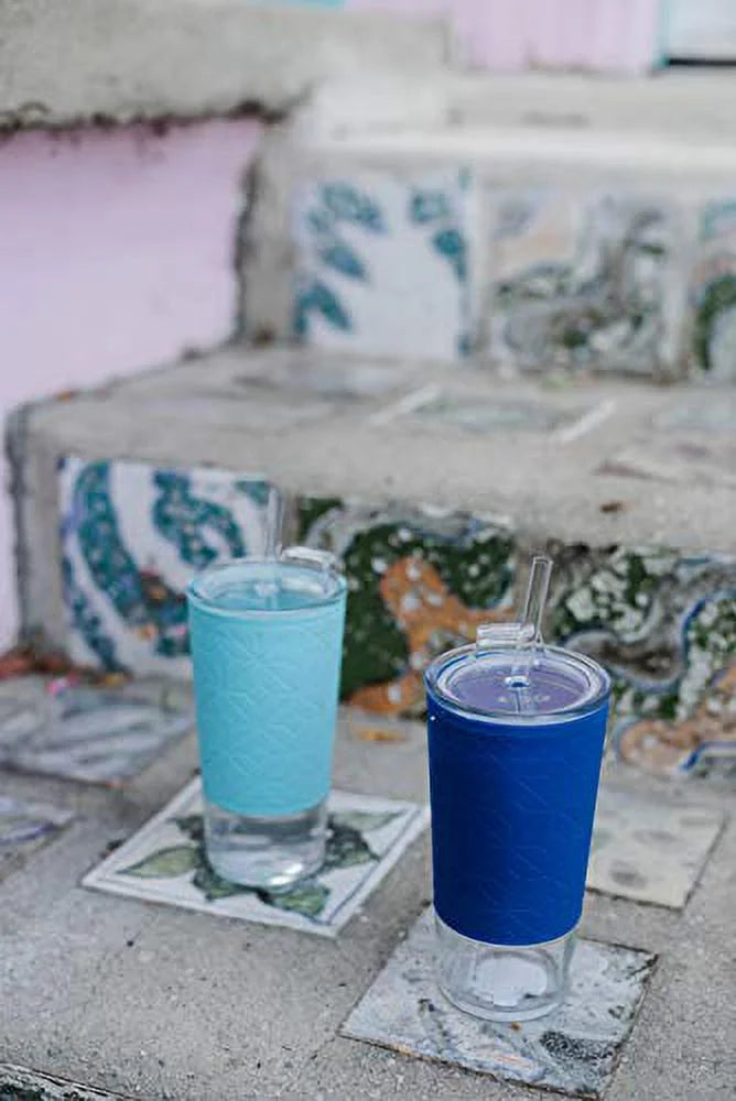 20 oz Blue Glass Tumbler with Straw P69002