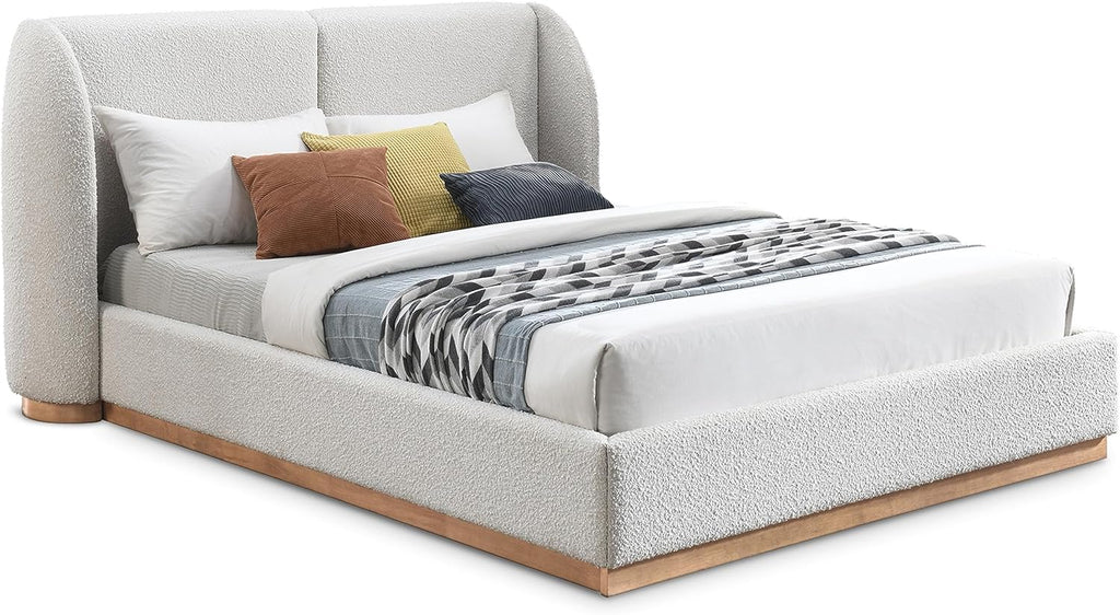 Full Rich Cream Boucle Fabric Solid Wood Wing Back Bed J85798