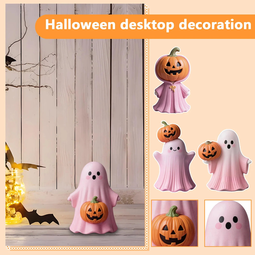 Pink Resin Ghost & Pumpkin Figurine Set F7953