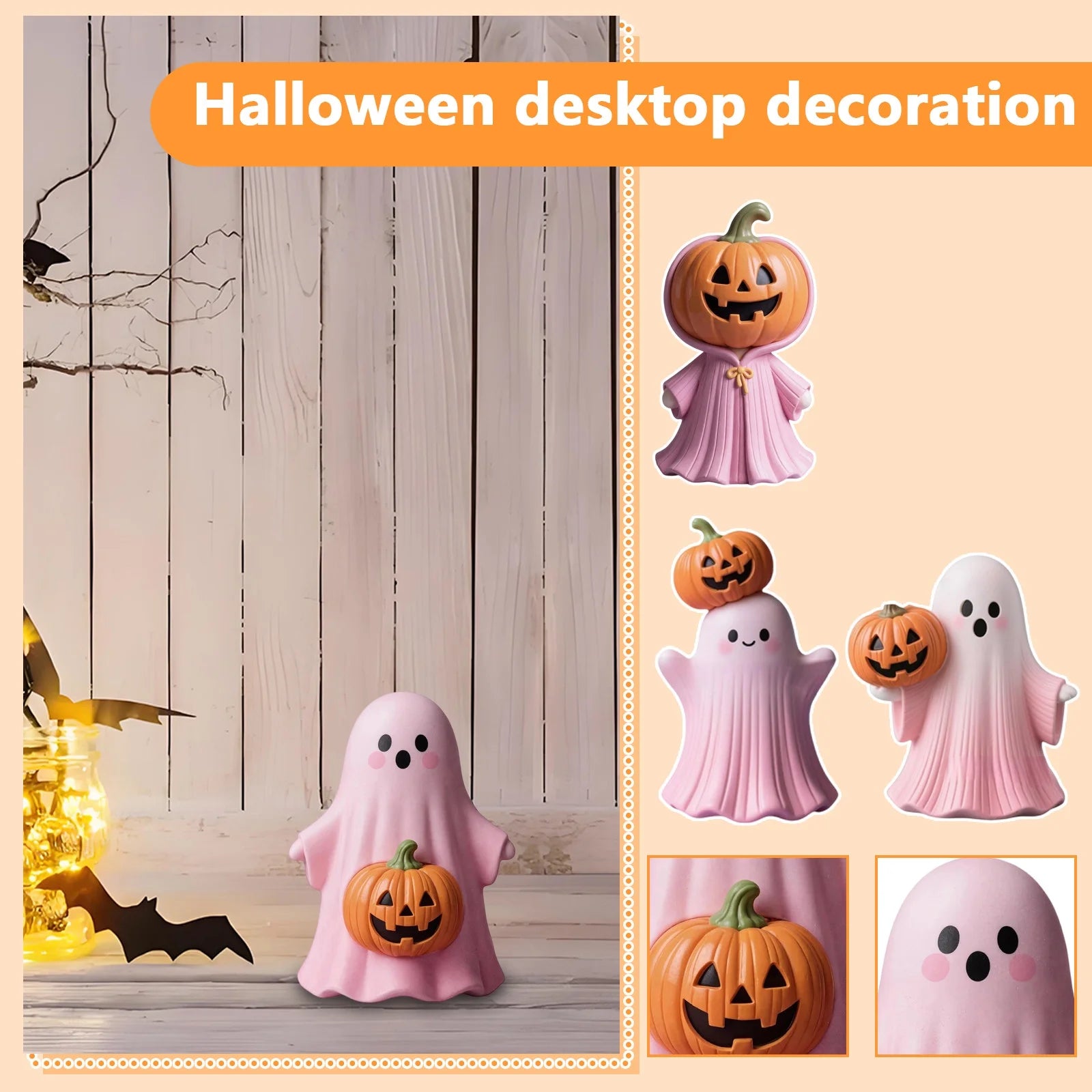 Pink Resin Ghost & Pumpkin Figurine Set F7953