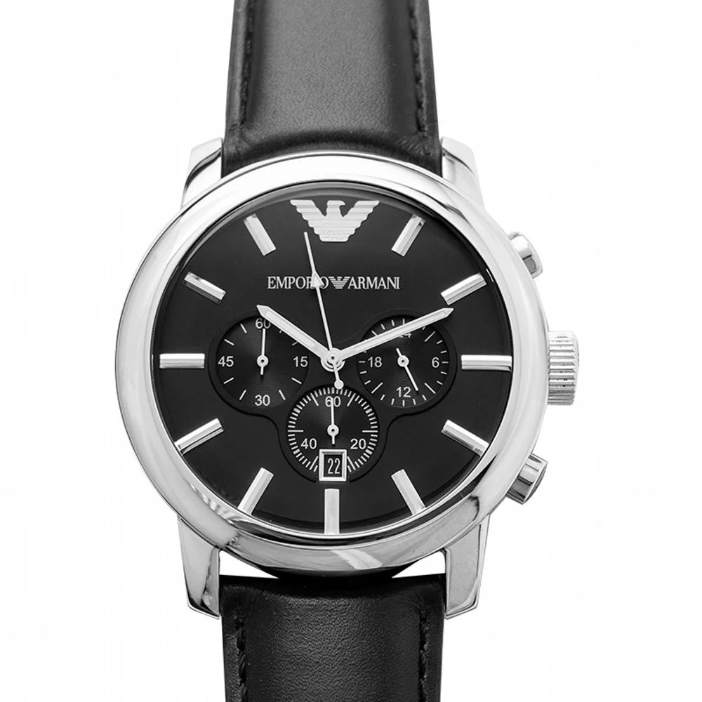 Stainless Steel Chronograph Watch with Black Leather Strap G433235