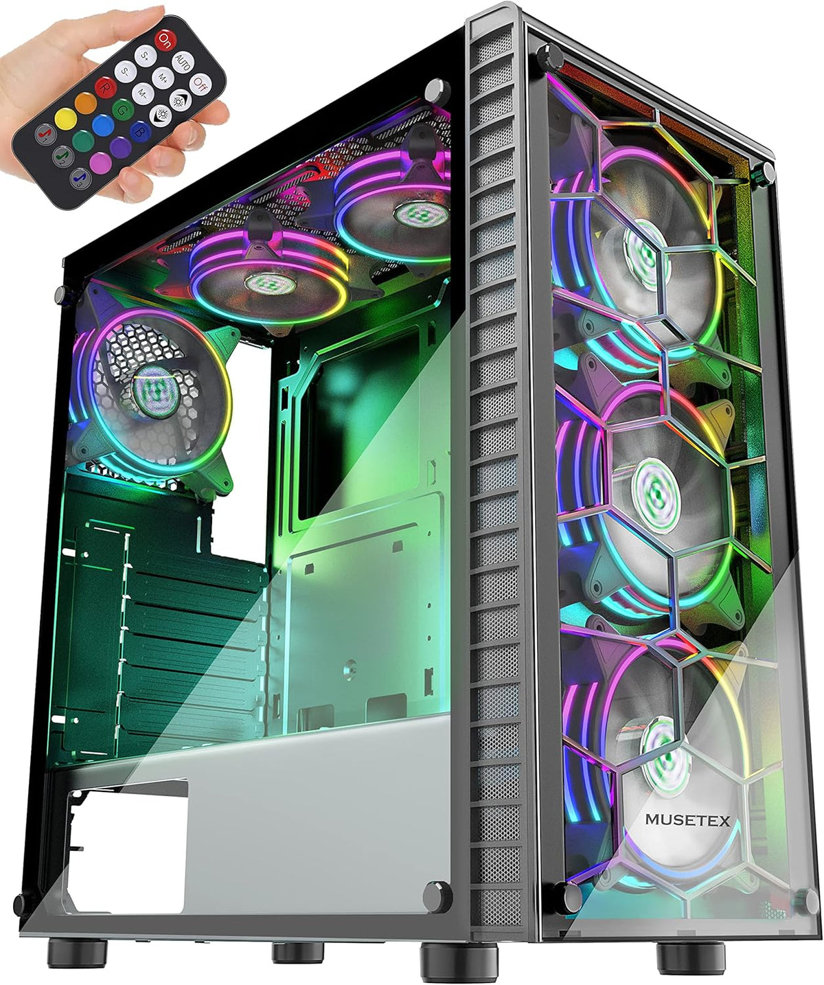 ATX Mid-Tower Computer Case with 6 Pcs ARGB Fans, USB 3.0, Tempered Glass Panels, Black S26635