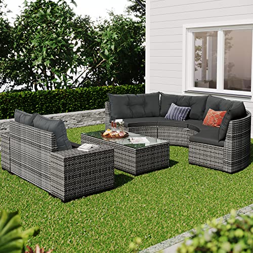 8 Piece Half Moon Sectional Patio Furniture Set with Washable Cushions and Glass Coffee Table F6626