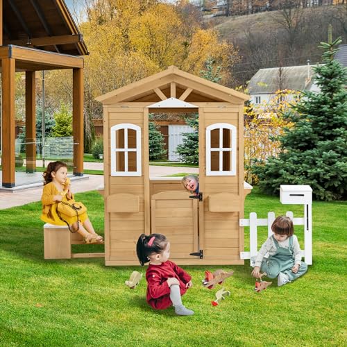 Wooden Playhouse with Window, Mailbox, Picnic Bench, Fenced, 39" x 38" x 55.5" N17992