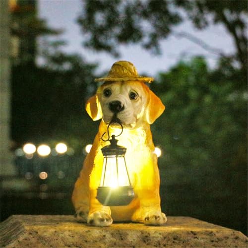Resin Dog Statues with Straw Hat and Solar Led Lantern P543187