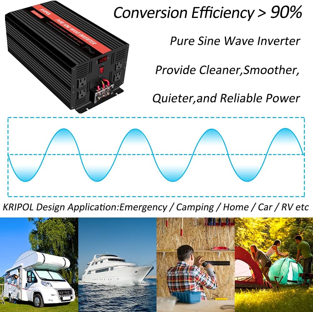 3000 Watt Pure Sine Wave Power Inverter 12V DC to 110V AC with 4 AC Outlets C75520