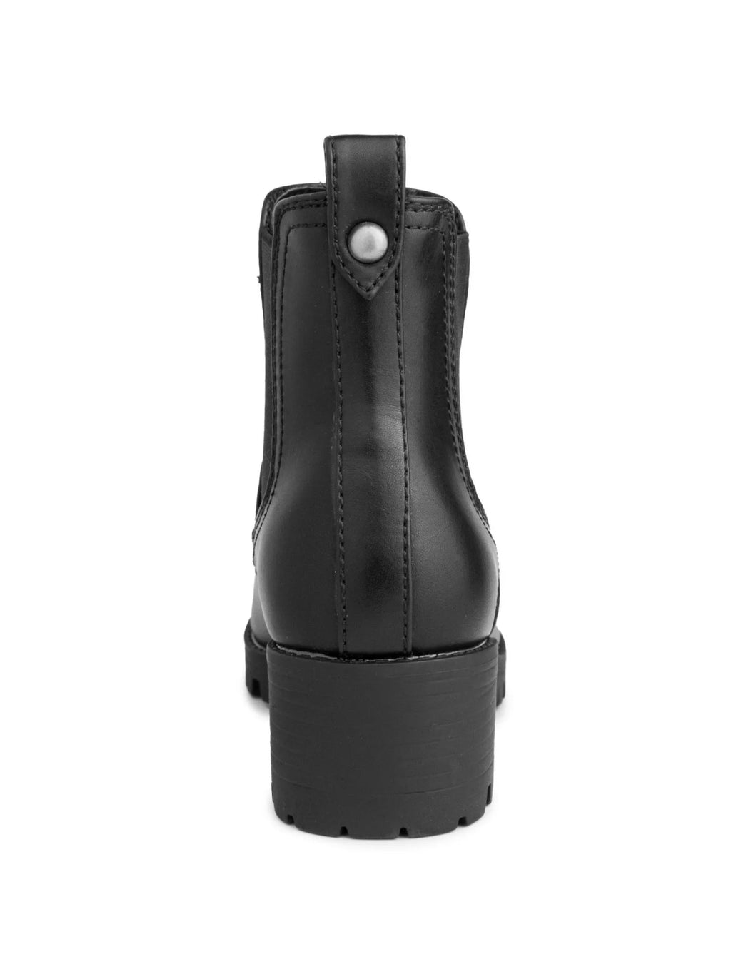 Black Chelsea Boot Cushioned Back Pull Tab Lug Sole Round Toe Block Heel Slip On Booties 7.5 M U2438
