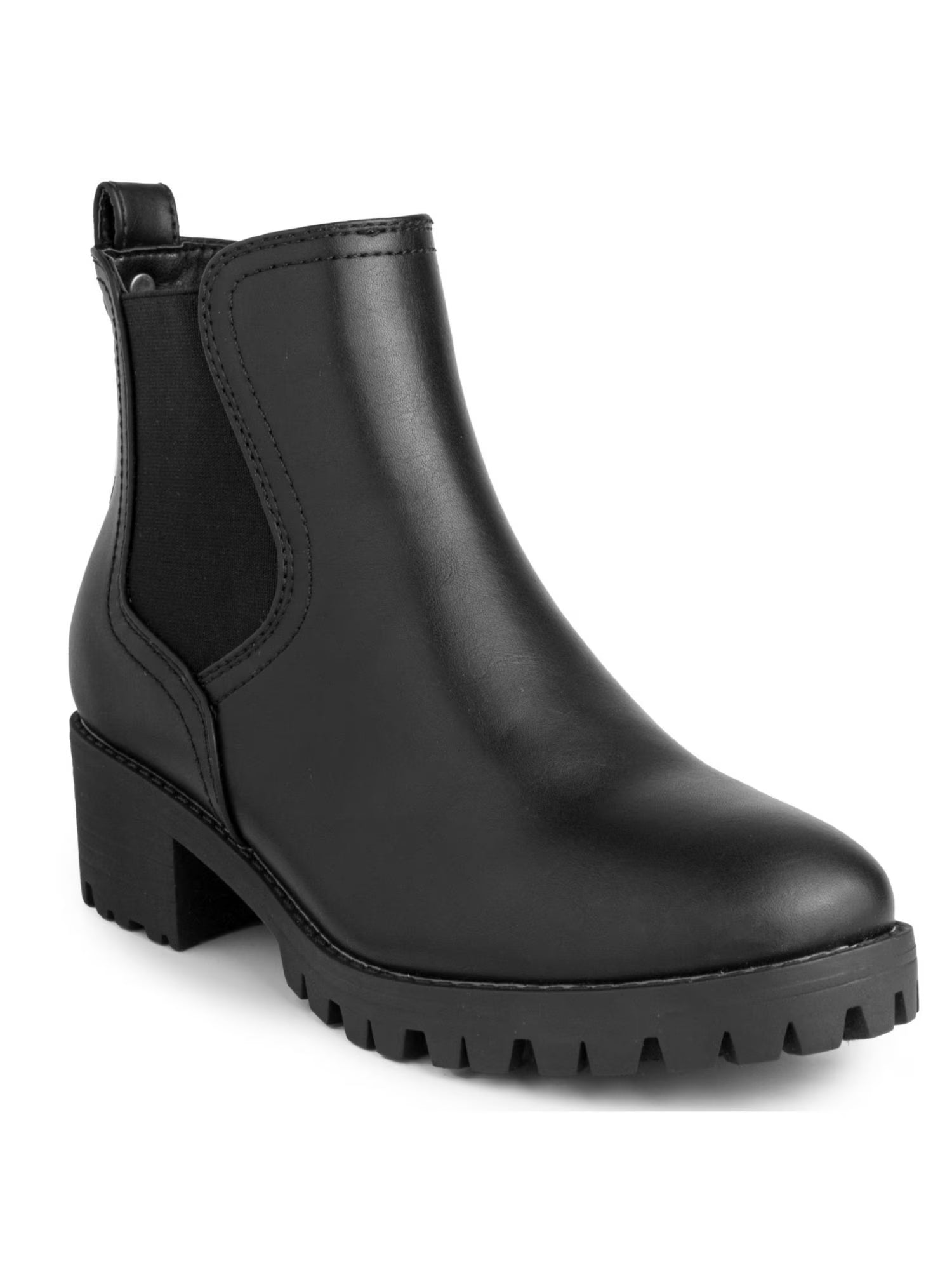 Black Chelsea Boot Cushioned Back Pull Tab Lug Sole Round Toe Block Heel Slip On Booties 7.5 M U2438