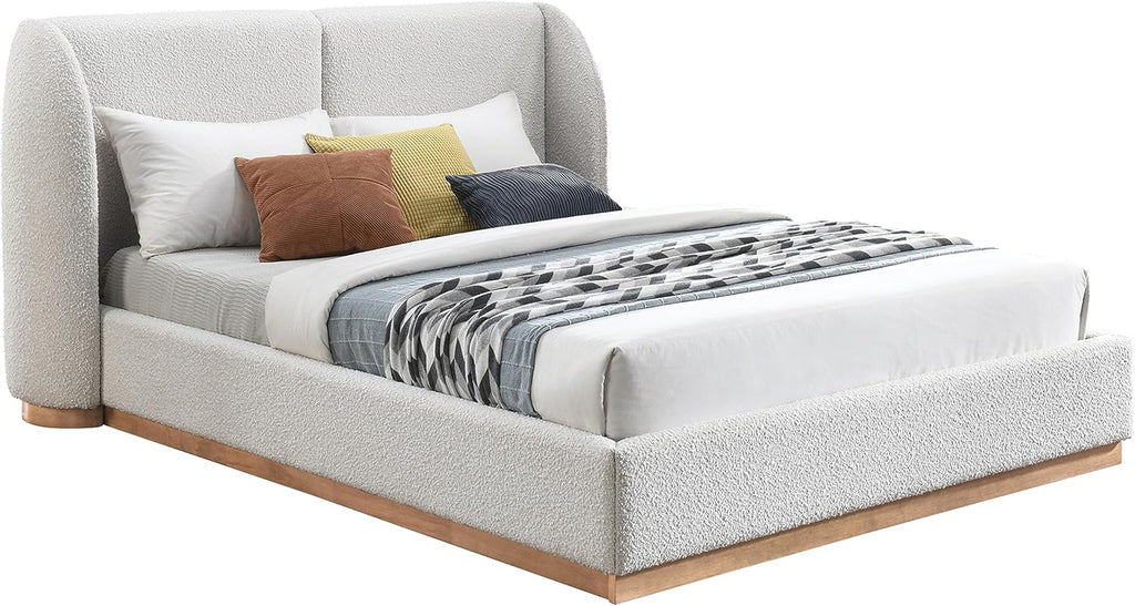 Full Rich Cream Boucle Fabric Solid Wood Wing Back Bed J85798