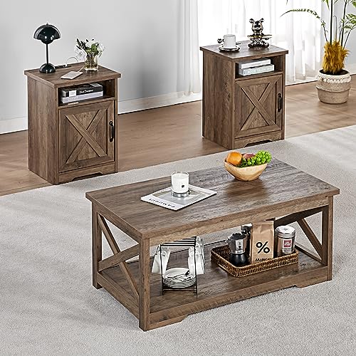5-Piece Farmhouse Table Set with Fireplace TV Stand, Coffee Table, Two End Tables, Charging Station and USB Ports Z4646