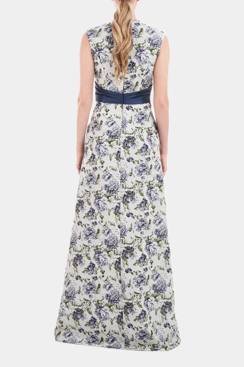 V-Neck Cap Sleeve Wrap Bodice Fit & Flare Jacquard Dress N715390