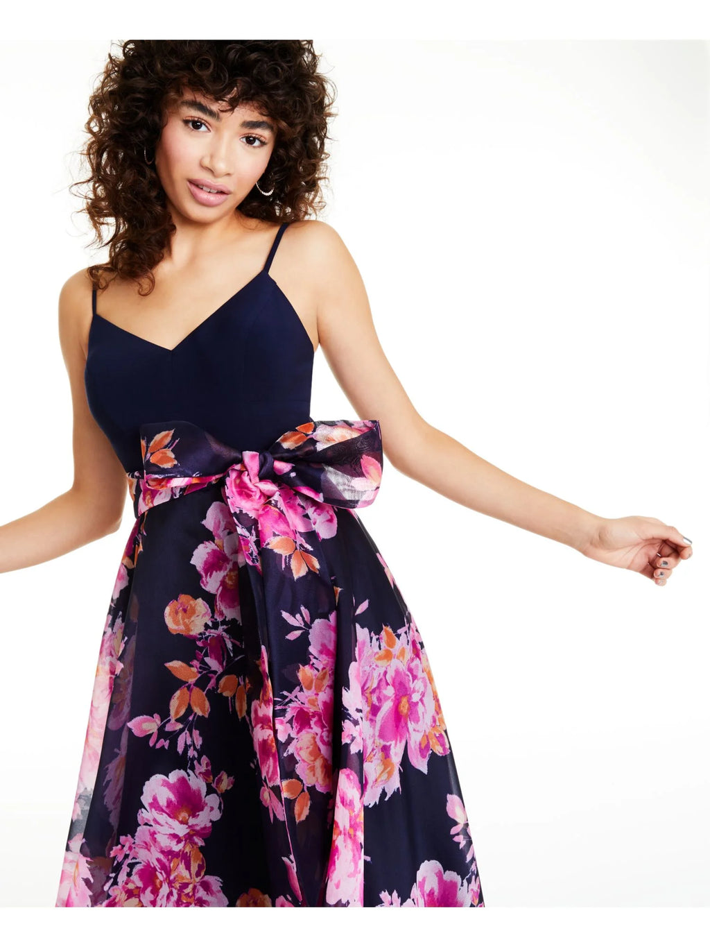 Navy Floral Spaghetti Strap V Neck Full-Length Fit + Flare Dress Z574