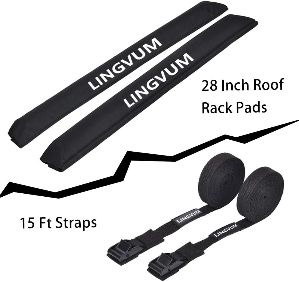 Soft Roof Rack Pads with Two 15 Ft Straps - 28” Car Carrier Racks for Kayak, Surfboard, SUP Paddleboard, Snowboard, Black Pack of 2 B33517