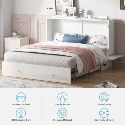 White Queen Cabinet Bed with Tri-fold Mattress C226132