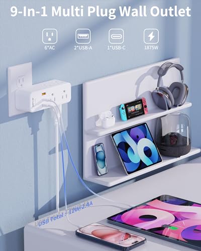 White 6AC 3USB Wall Outlet Extender with Rotating Plug I723