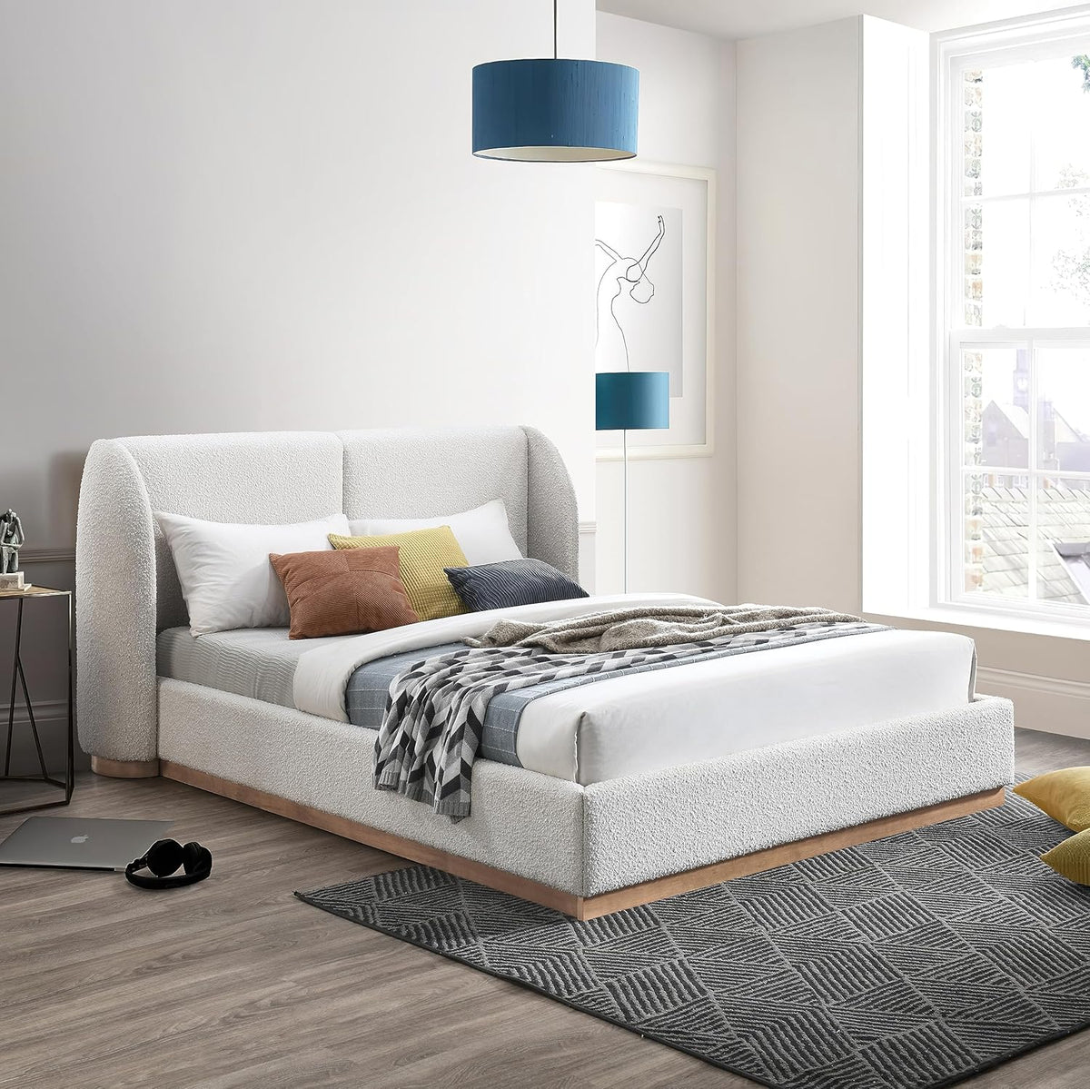 Full Rich Cream Boucle Fabric Solid Wood Wing Back Bed J85798