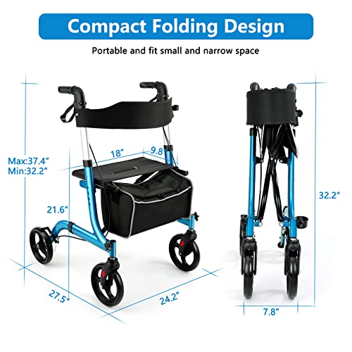 Champagne Lightweight Aluminium Folding Rollator Walker with Seat and 8-inch Wheels T481