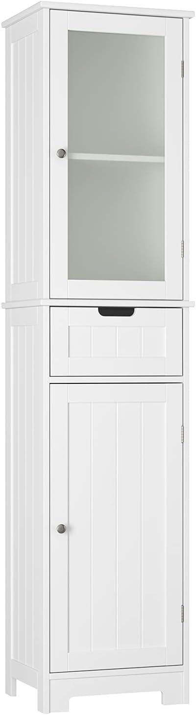White Tall Freestanding Bathroom Storage Cabinet with Door and Drawer and Adjustable Shelves P71909
