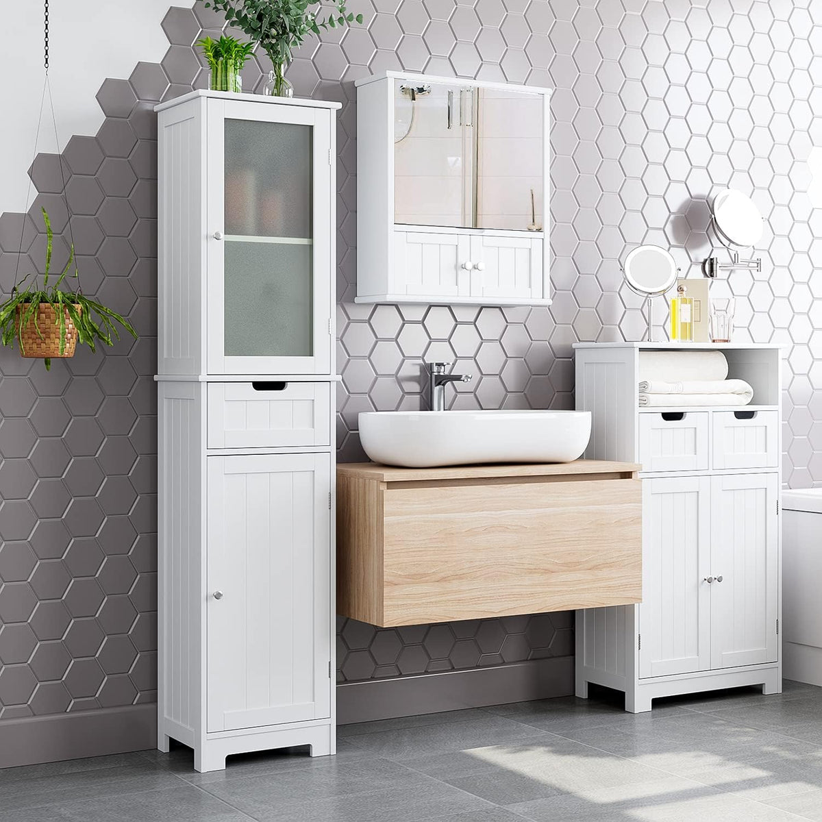 White Tall Freestanding Bathroom Storage Cabinet with Door and Drawer and Adjustable Shelves P71909