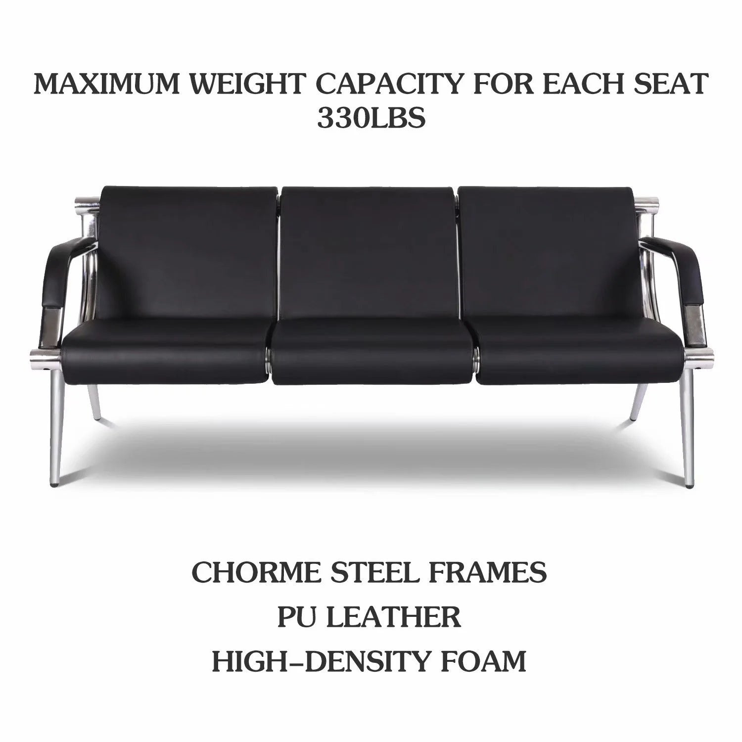 Black Steel Frame 3 Seats PU Leather Reception Bench A412