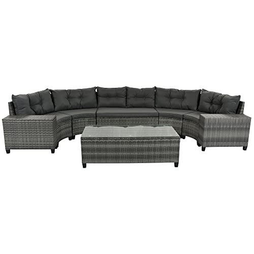 8 Piece Half Moon Sectional Patio Furniture Set with Washable Cushions and Glass Coffee Table F6626