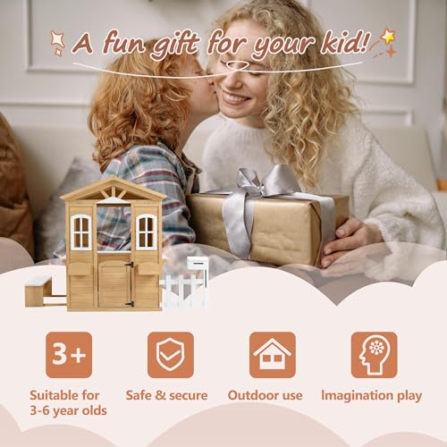 Wooden Playhouse with Window, Mailbox, Picnic Bench, Fenced, 39" x 38" x 55.5" N17992