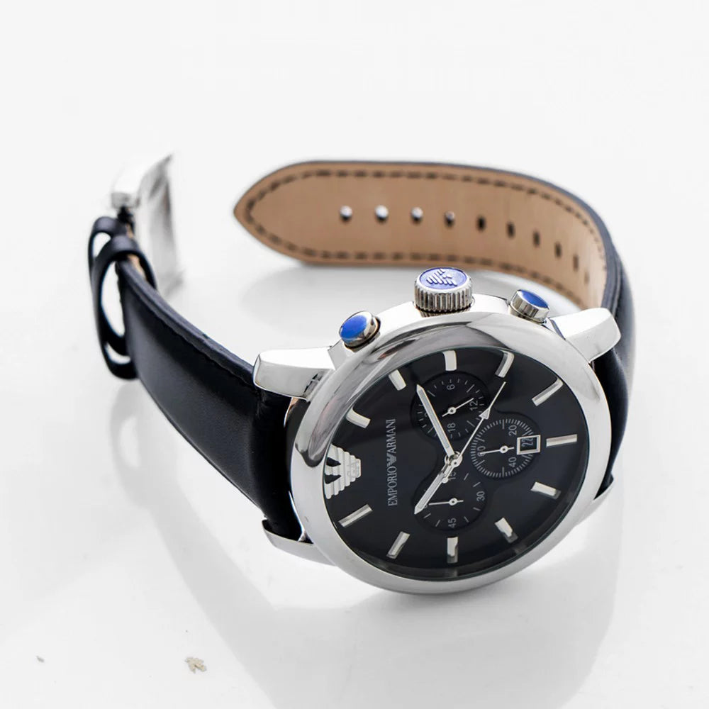 Stainless Steel Chronograph Watch with Black Leather Strap G433235