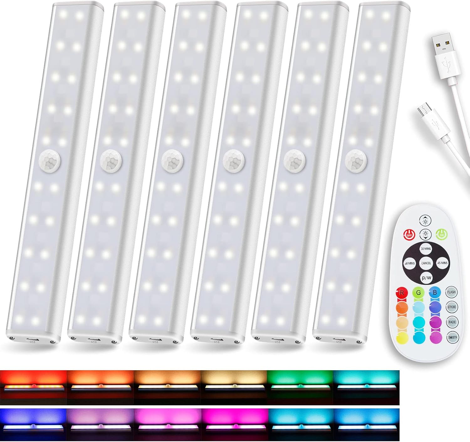 Rechargeable 48-LED Remote Lights, RGB Bar, 6 Pack O96124