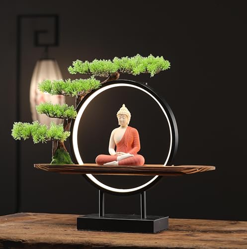 White Ceramic Buddha Statue with Green Artificial Tree and LED Circle Table Lamp, 16.5 in Q601821