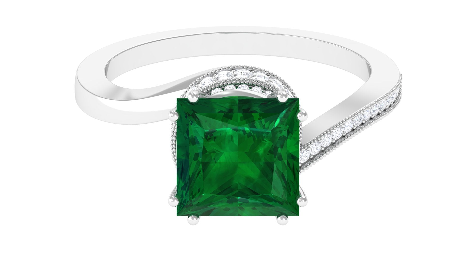 Lab Grown Emerald Solitaire Ring with Diamond, Princess Cut, 8 mm, 925 Sterling Silver, US 10.00 O603029