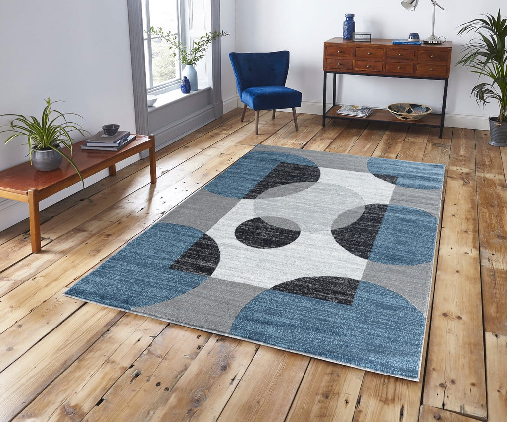 Blue Black White Grey Abstract Area Rug J30296